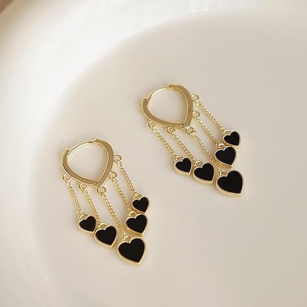 El Regalo Love Hearts Tassel Hoop Earrings for Women/Girls- Heart Huggie Hoop Chains Earrings (Gold)