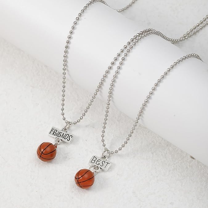 El Regalo 2PCs Best Friends 3D Basketball Necklace Set- BFF Basketball Sports Necklaces Set for Girls & Boys (Brown)
