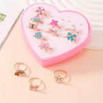 El Regalo 12 Pcs Cute Adjustable Rings Set for Kids/Girls/Women - Colorful Cartoon Enamel Finger Rings | Adjustable Cute Jewelry Gift Box - Butterfly, Flower, Bow, Heart, Cherry Designs (Style-2)