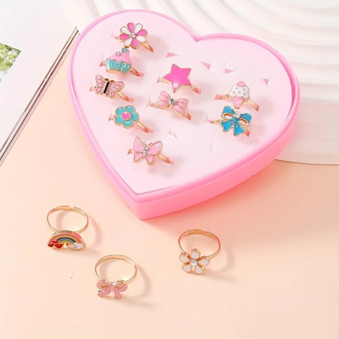 El Regalo 12 Pcs Cute Adjustable Rings Set for Kids/Girls/Women - Colorful Cartoon Enamel Finger Rings | Adjustable Cute Jewelry Gift Box - Butterfly, Flower, Bow, Heart, Cherry Designs (Style-2)