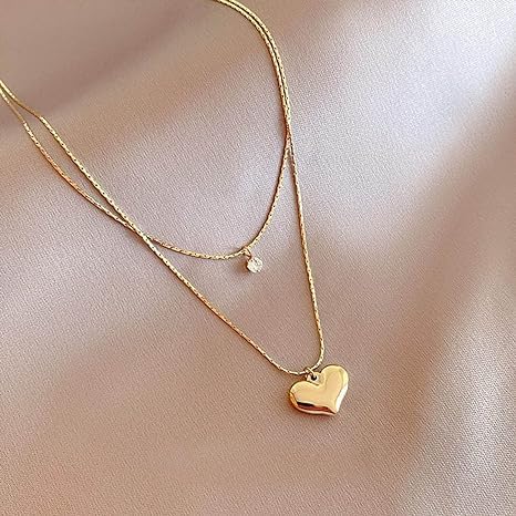 El Regalo Women & Girls Stainless Steel Double Layer Heart & Crystal Pendants Necklace- Glamorous Anti Tarnish Yabi Wind Double Clavicle Chain Female Love Pendant Necklace