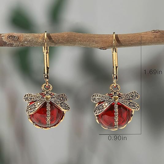 El Regalo Bohemian Vintage Dragonfly Crystal Earrings- Victorian Moonstones Dragonfly Vintage Carved Earrings for Women/Girls (Merlot Red)