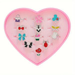 El Regalo 12 Pcs Cute Adjustable Rings Set for Kids/Girls/Women - Colorful Cartoon Enamel Finger Rings | Adjustable Cute Jewelry Gift Box - Butterfly, Flower, Bow, Heart, Cherry Designs (Style-1)