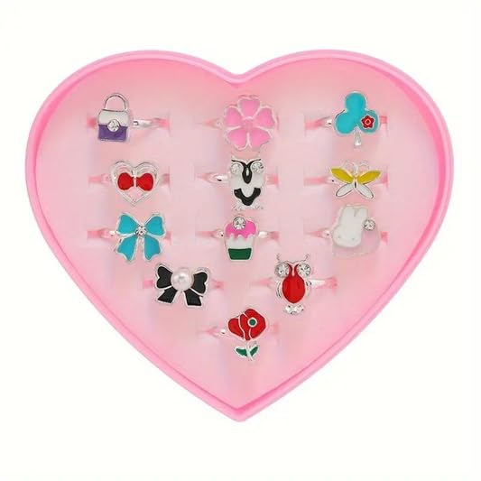 El Regalo 12 Pcs Cute Adjustable Rings Set for Kids/Girls/Women - Colorful Cartoon Enamel Finger Rings | Adjustable Cute Jewelry Gift Box - Butterfly, Flower, Bow, Heart, Cherry Designs (Style-1)