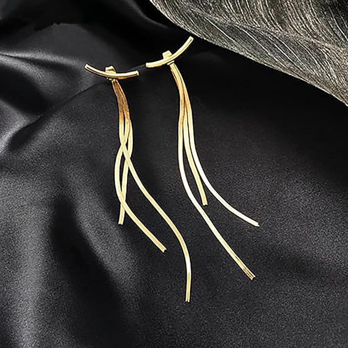 El Regalo Womens Stainless Steel Gold Long Tassel Dangle Drop Front Back Earrings- Hypoallergenic Fringe Drop Sleek Metal Chain Wedding Bridesmaid Earrings