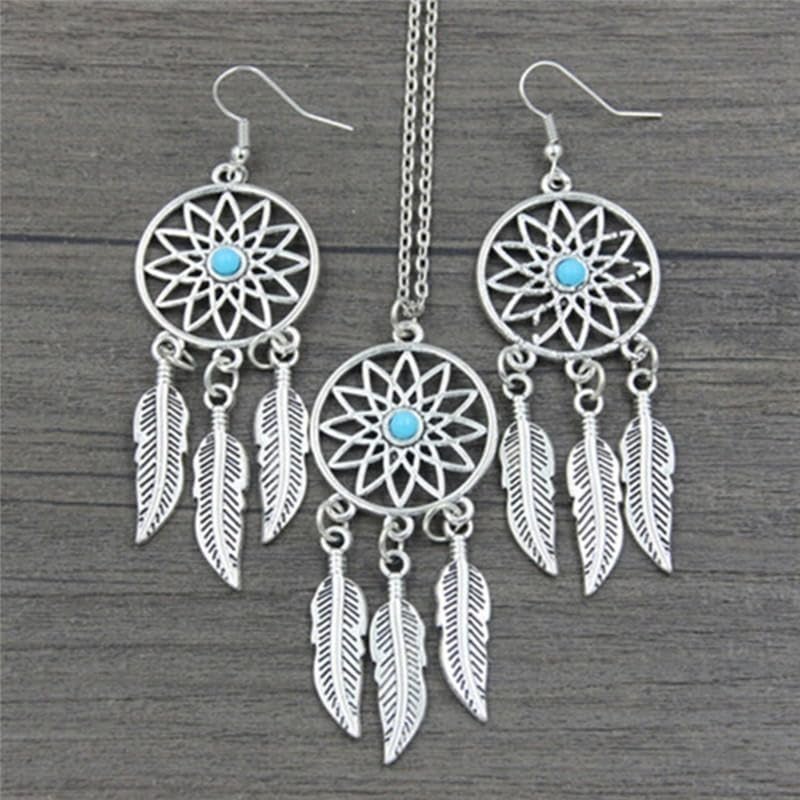 El Regalo Vintage Dream Catcher Feather Earrings Necklace for Girls/Women- Turquoise Bohemian Ethnic Fringe Tassel Dangle Jewelery Set