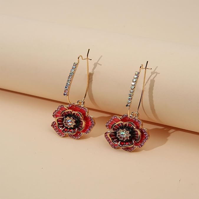 El Regalo Women's & Girl's 1 Pair Iridescent Flower Dangle Earrings - Hypoallergenic Gold-Tone with Mixed Stones Earrings (Red Rose Flower)