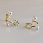 El Regalo Tulip Flower Pearl Cuff Jacket Earrings For Girls Women- Unique French Style Flower Cat's Eye Stone Front Back Climbers Crawler Earrings