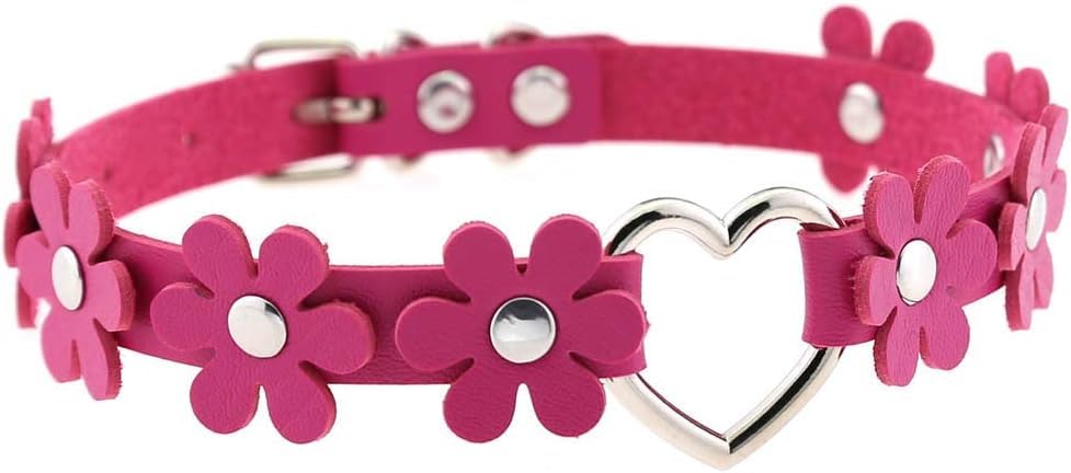El Regalo Heart Flower Choker Necklace for Girls/Women- Gothic PU Leather Punk Choker Heart Ring Flower Necklace (Rose Pink)