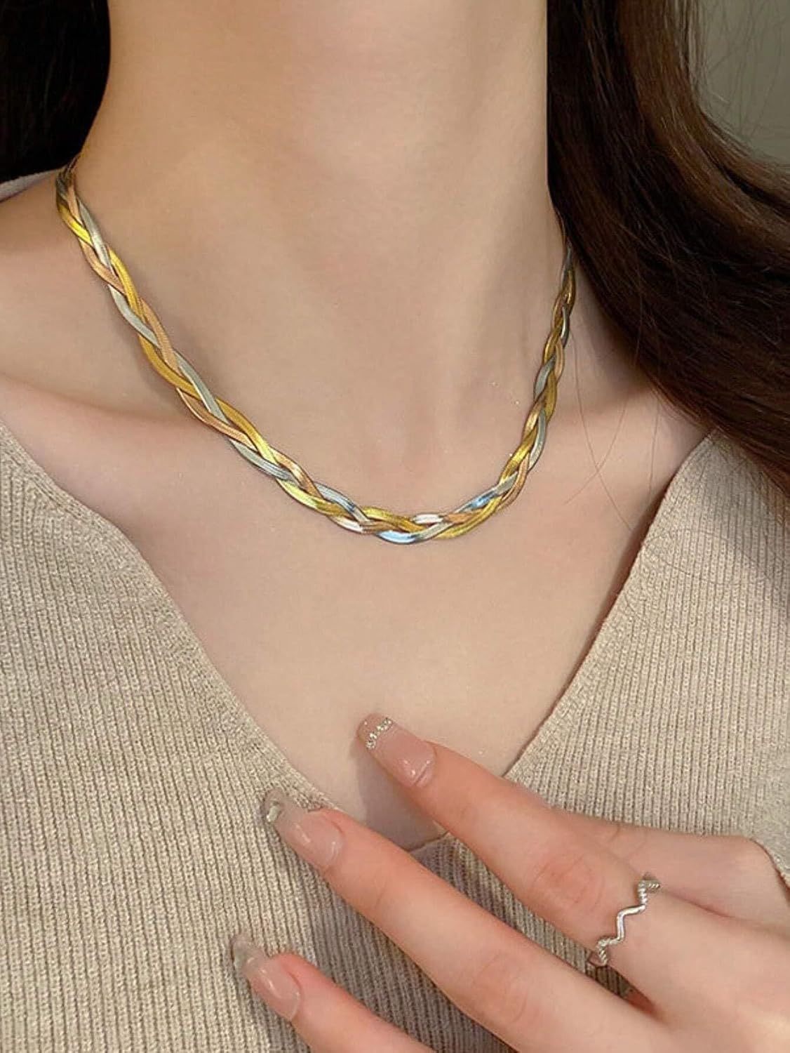 El Regalo Western Tri-Color Stainless Steel Braided Woven Collor Chain Necklace for Girls & Women- Anti Tarnish, Contemporary Necklace