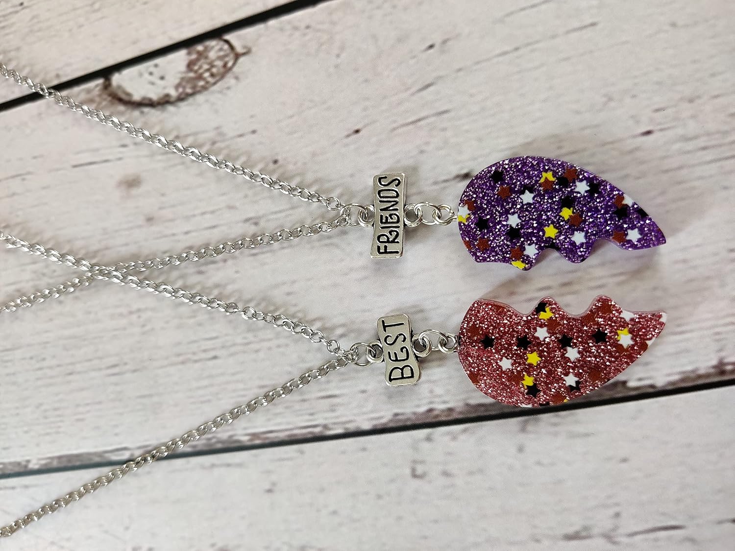 EL REGALO 2 Pcs Best-Friend Pink Purple Resin Heart Pendant Necklace Set For For Girls