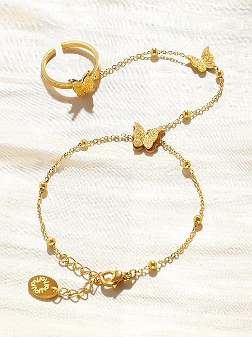 El Regalo 1PC Stainless Steel Non-Tarnish Hand Chain Bracelet with Finger Ring | Elegant & Trendy Adjustable Golden Bracelet for Women & Girls (Butterfly)