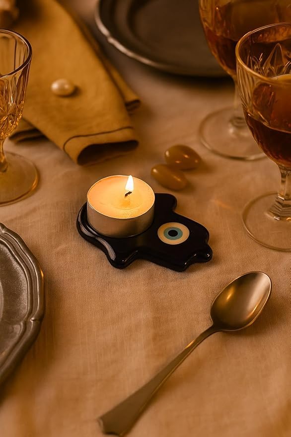 El Regalo 2PCs Evil Eye Tea Light Candle Holders for Diwali Decoration - Premium Glass Diya Set for Home, Festive Decor, Vastu Protection (Hamsa Hand Evil Eye)