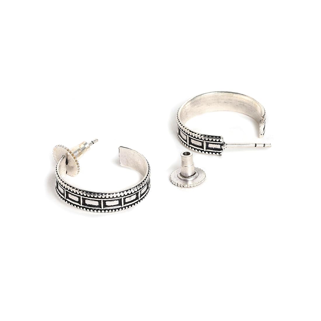El Regalo 2 Pairs Tribal Oxidized Half Hoop Earrings, Huggie Earrings- Hammered Bohemian Oxidized German Silver Baali Earrings (Option-1)