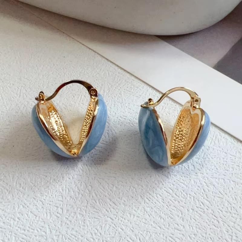 El Regalo Heart Hoops Earrings- Vintage Fashionable Bliss Heart Clip Double-sided Enamel Glaze Eternal Elegance Love Earrings for Women & Girls (Glazed Blue)