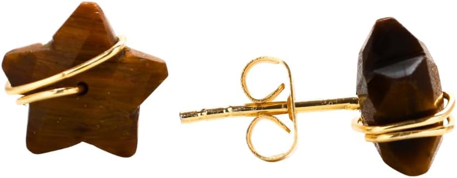 El Regalo Natural Stones Star Stud Earrings- Handcfated Wire Wrapped Celestial Star Earrings for Girls & Women (Brown Tiger Eye)