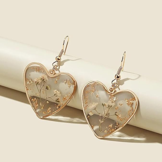 El Regalo Beautiful Transparent Heart Dried Flower Earrings for Women | Handmade Real Dried Floral Resin Dangle Earrings | Lightweight Bohemian Style Camellia Flower Earrings | Elegant Jewelry Gift (style-1)