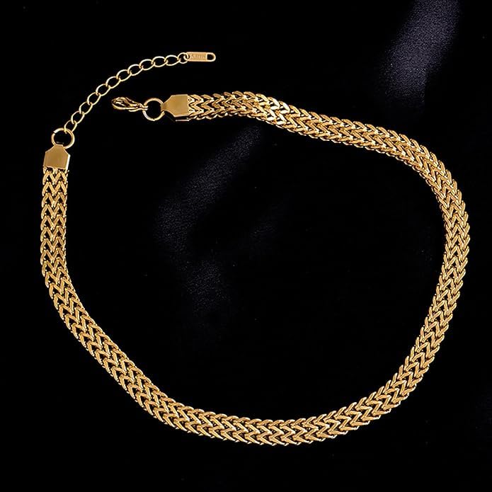 El Regalo Titanium Stainless Steel Flat Cuban Chain Link Braided Choker Chain Necklace for Women Teen- Gold Anti Tarnish Chunky Snake Choker Elegant Jewelry