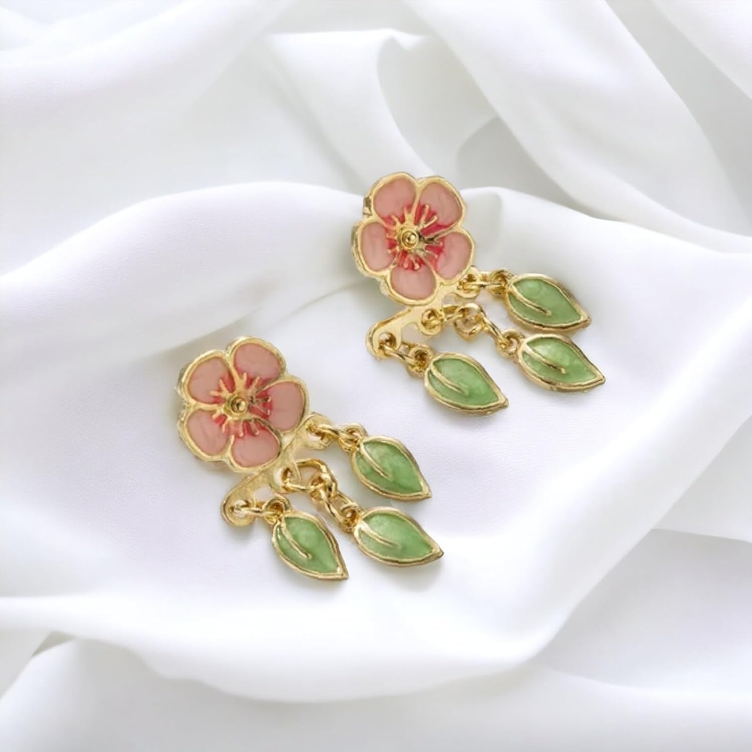 El Regalo Women's & Girl's Vintage European Style Flower Cherry Blossom Ear Jacket Earrings- Front Back Floral Dangle Leaves Stud Earrings
