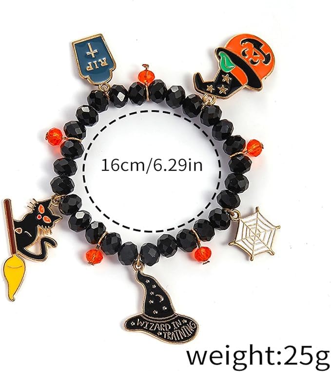 El Regalo 1PC Halloween Bracelet for Girls & Women- Halloween Beaded Stretch Bracelet Ghost Pumpkin Spider Cat Witch Charm Bracelet Halloween Costume Jewelry (Style-1)