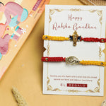 El Regalo 2PCs Red & Yellow Thread Bracelet Rakhi Combo Set for Brother- Auspicious OM, Ganesha, Shree, Trident, Damroo Mauli Rakhi with Roli Chawal Shagun, Message Card in Rakhi Gift Box (Option-3)