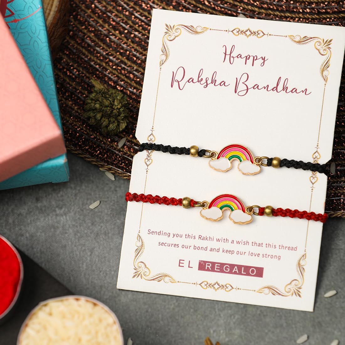 El Regalo 2PCs Cute Kids Rainbow Bracelet Rakhi Combo Sets- Fancy Kids Rakhi for Brother/Sister/Niece or Nephew with Roli Chwal, Rakhi Message Card in Rakhi Box for Babies/Toddlers/Kids (Option-2)