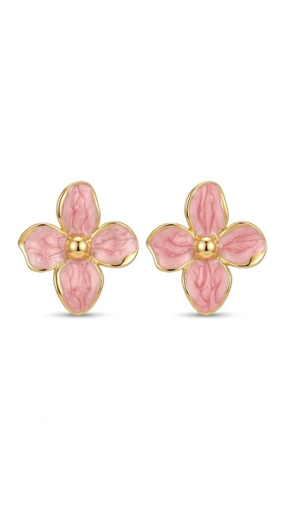 El Regalo Luxurious Oil Drip Flower Stud Earrings for Women & Girls | Stainless Steel Floral Studs | Anti-Tarnish, Skin Friendly Enamel Jewelry | Gift for Her (Floral Collection) (Pink- Gold)