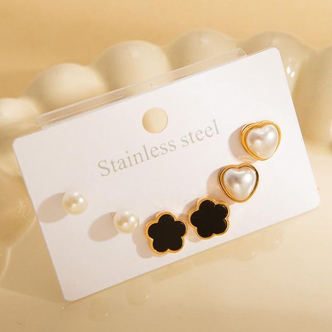 El Regalo Stainless Steel Stud Earrings Combo for Women & Girls | 18K Gold Plated Anti-Tarnish Cute Pearl, Black Flower, & Heart Western Earrings Set | Elegant Daily Wear Aesthetic Jewelry (Set of 3 Pairs)