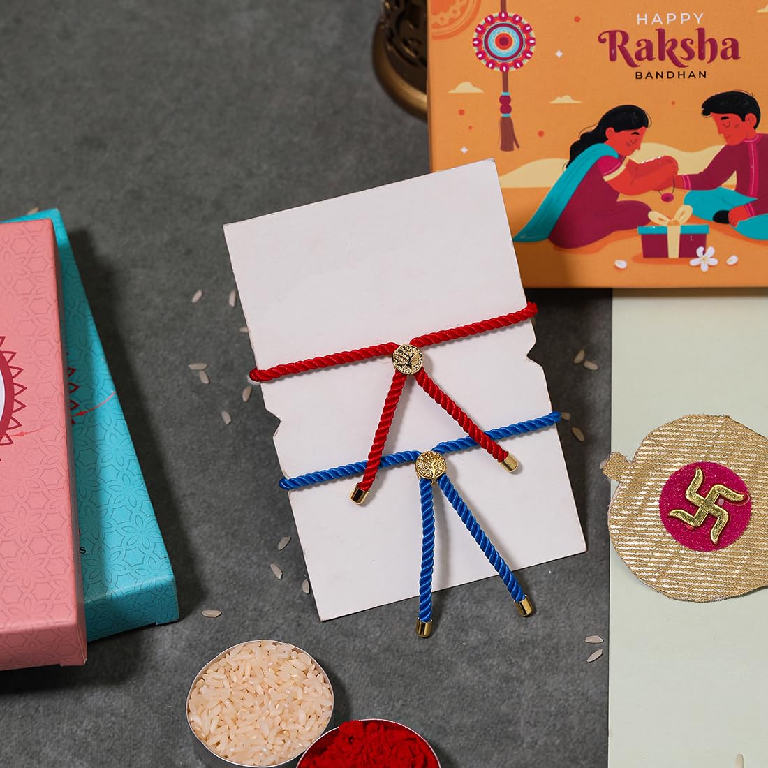 El Regalo 2PCs Designer Evil Eye CZ Rakhi Combo Set for Brothers/Bhaiya-Bhabhi/Brother-Nephew with Roli Chawal, Rakhi Message Card in Rakhi Gift Box