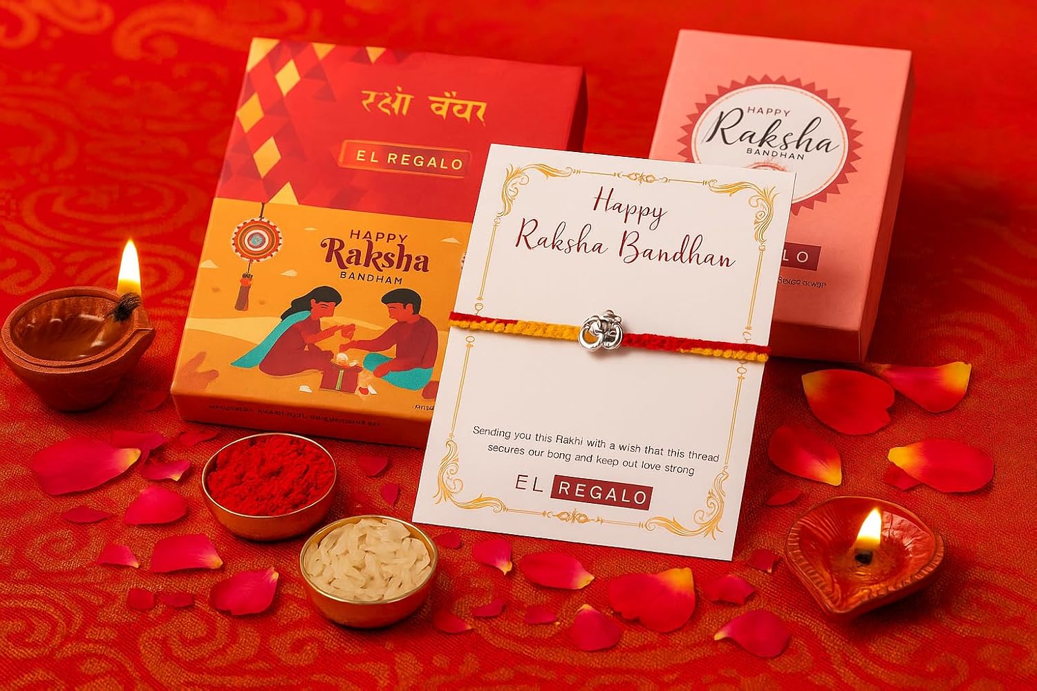El Regalo 1PC Traditional Rakhi for Brother with Roli Chawal & Message Card | Designer Rakshabandhan Thread with OM, Shree Ram, Ganesha, Krishna Charms | Rakhi Gift Box Included (OM)