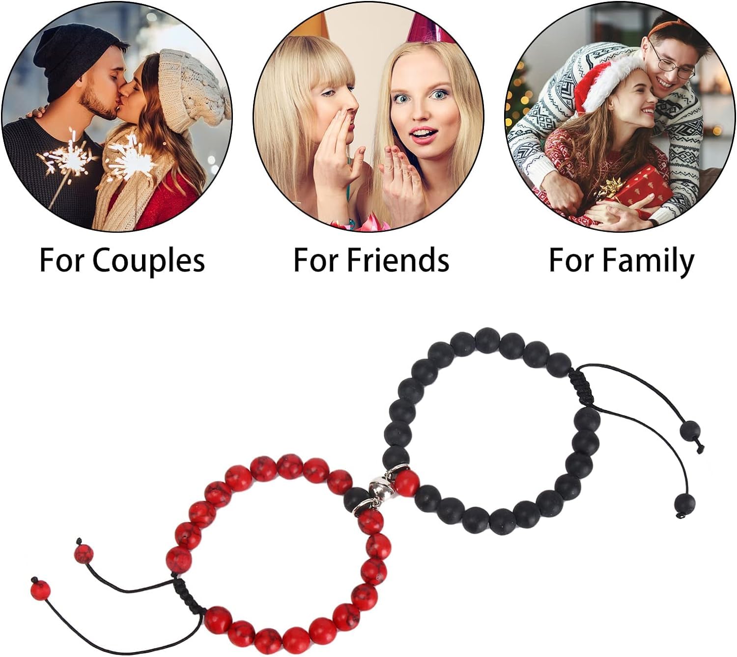 El Regalo 2PCs Magnetic Natural Stones Unisex Bracelets for Couples, Best Friend, Boyfriend & Girlfriend, Long Distance Connecting Bracelets Set- Valentines Day Gift (Red & Black)