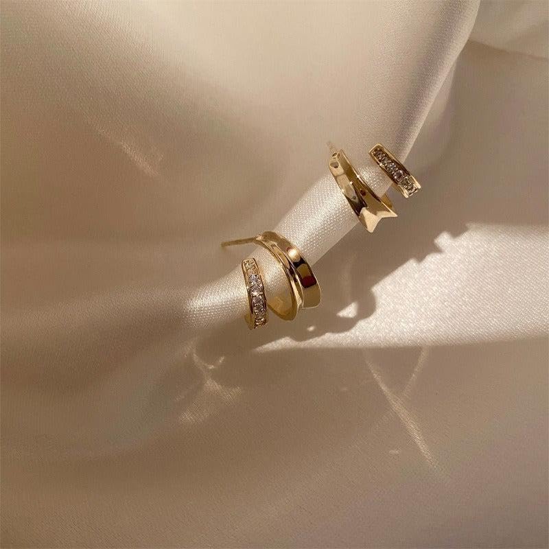 El Regalo Cute Double C-Shaped Gold Plated Stud Earrings for Girls & Women | Western Dual Layered Hoop Spiral Studs | Minimalist Cubic Zirconia Jewelry