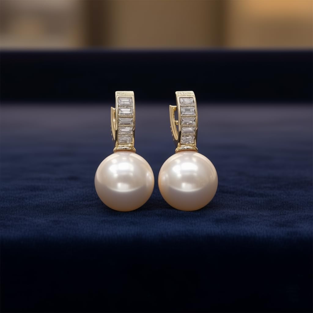 El Regalo Premium Inlaid CZ Pearl Hoop Earrings for Women & Girls | Elegant Korean Style Pearl Drop Huggie Earrings | Party, Wedding & Daily and Office Jewelry (White)