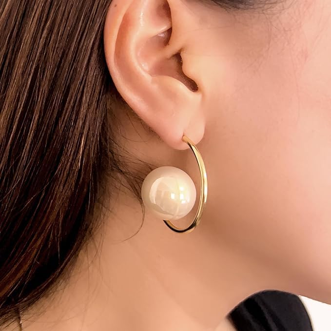 El Regalo Western Pearl Earrings- Delicate Glossy C Shaped Pearl Hoop Earring- Elegant Vintage Style Earrings for Girls & Women (White Pearl)