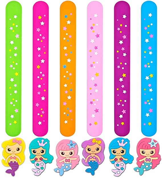 El Regalo 2 PCs Mermaid Snap Silicon Slap Wristband for Girls & Boys- Kids Party Favors, Mermaid and Stars Slap Bands for Kids Girls Boys (Light Pink & Sea Green)