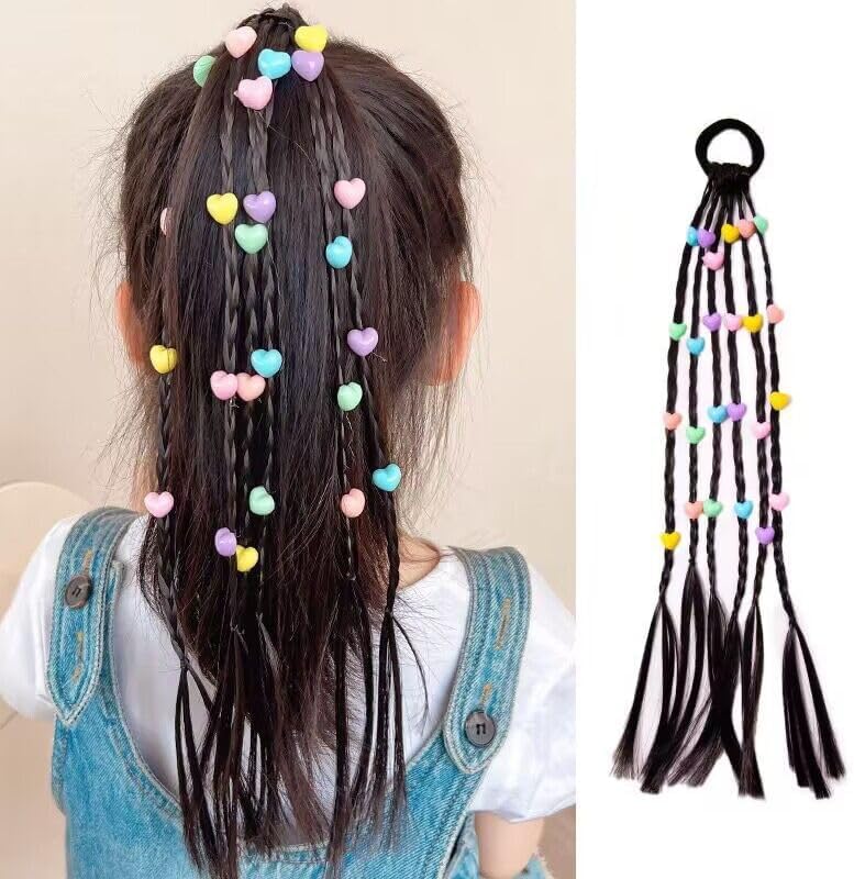 El Regalo 2PCs Cute Beaded Ponytail Hair Extensions Rubber Band- Stars & Hearts Beaded Braid Hairpieces for High Ponytail for Kids/Teen Girls/Women