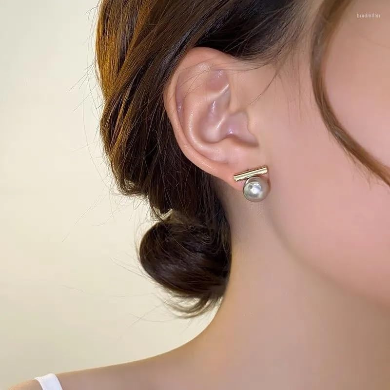 El Regalo 1pair Copper Imitation Faux Pearl Grey Color for Girls & Women- Elegant, Western Versatile Pearls Stud Earrings (Gold)