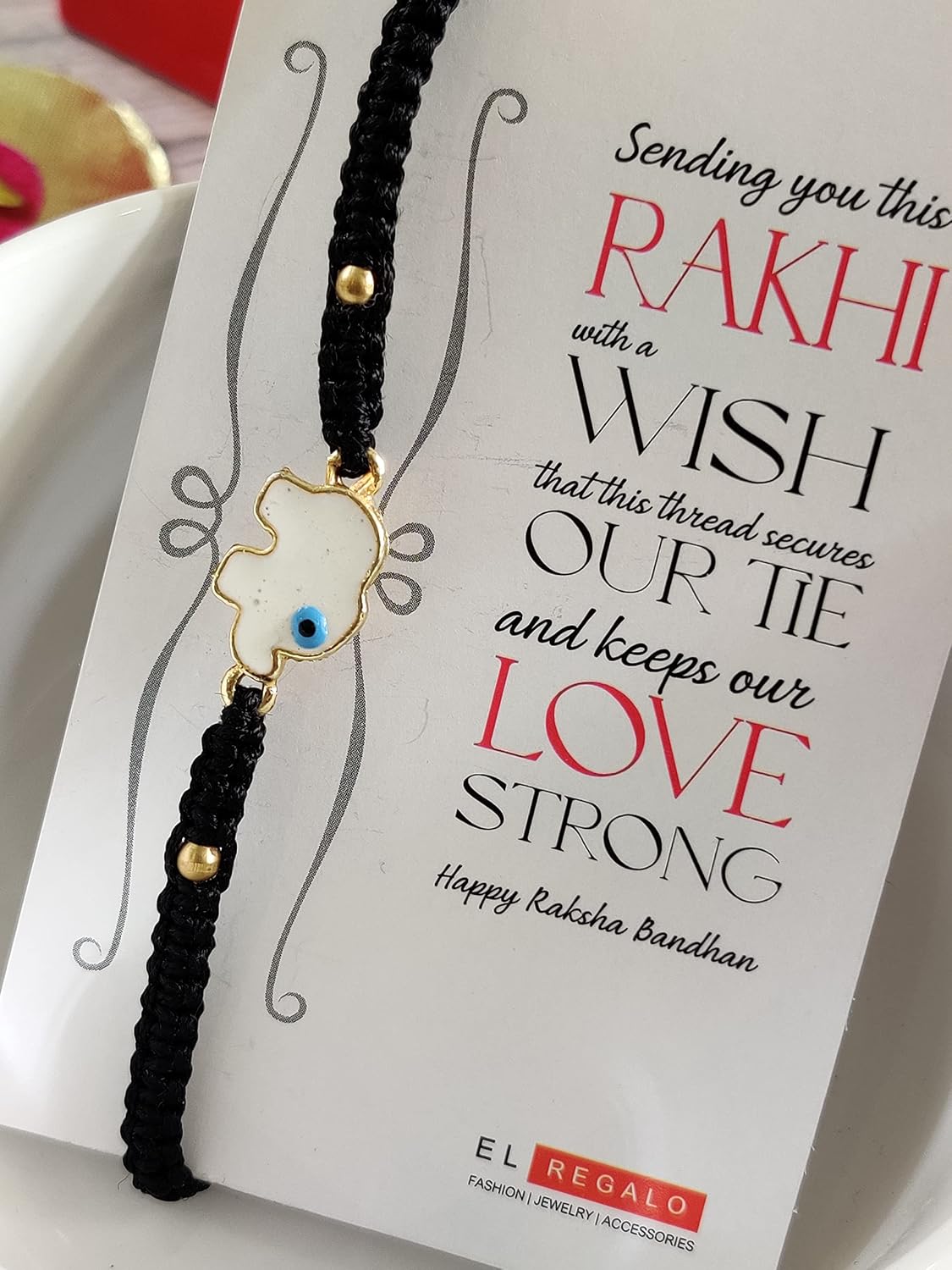 El Regalo 1PC Elephant Evil Eye Rakhi for Brother with & Message Card in Gift Box- Rakhi for Brother/Bhabhi/Niece or Nephew (White elephant Black)