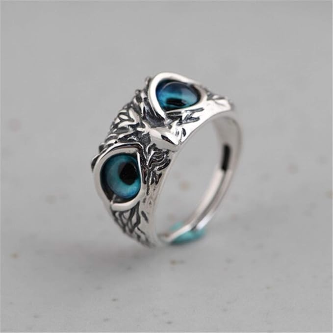 El Regalo Women Adjustable Eye Owl Ring- Retro Gothic Trendy Vintage Owl Band Finger Rings (Blue)