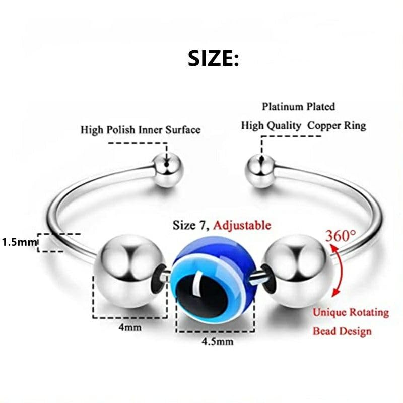El Regalo 2PCs Eye Catching Fidget Meditation Adjustable Finger Rings for Girls & Women- Retro Blue Evil Eyes Opening Adjustable Rotating Beads Rings