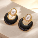 El Regalo Elegant Stainless Steel Pearl Stud Earrings for Women | 18K Gold Plated Vintage Oil Drip Enamel C-Hoop Studs | Anti-Tarnish Boho Western Jewellery (Black)