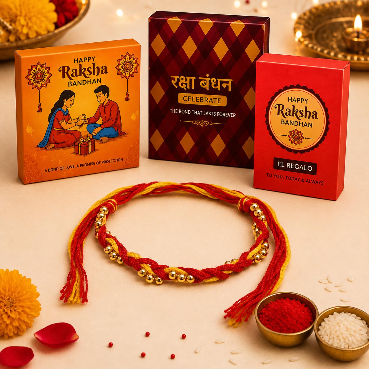 El Regalo Traditional Moli Rakhi for Brother | Long Braided Kalava Raksha Sutra Thread | Red Yellow Sacred Mauli Dhaga | Handmade Minimalist Rakhi for Men & Boys | Raksha Bandhan