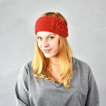 El Regalo's 1PC Winter Crochet Knitted Headwrap Headband with 3D flower & Button for Girls & Women- Ear Warmer Hair Muffs Band | Winter Designer Headbands for Teens & Women (Red)