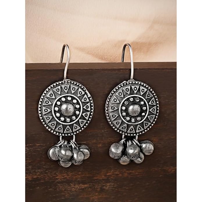 El Regalo Silver Lookalike Brass Oxidized Hook Earrings with Ghungroo for Women/Girls- Ethnic Traditional Earrings
