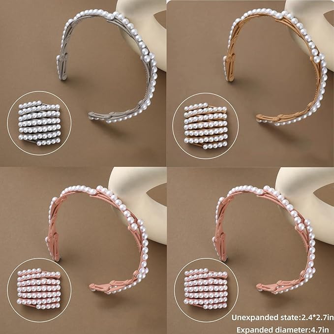 El Regalo 4pcs Stretchable Foldable Pearl Headband for Women & Girls - Elegant Anti-Slip Hairband for Long & Short Hair, Portable Retractable Hair Accessory for Travel & Everyday Wear