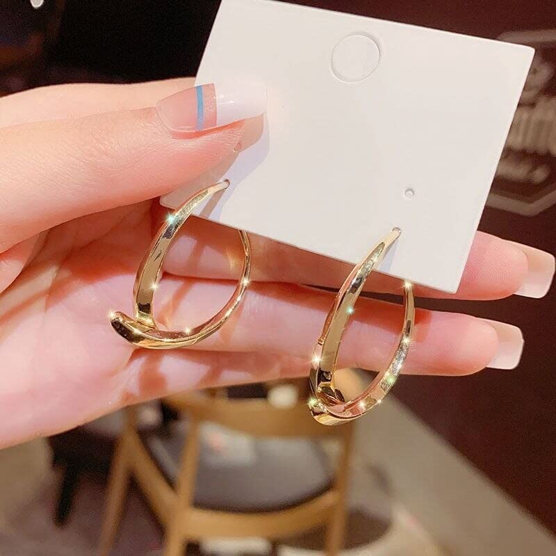 El Regalo Women's & Girl's Cross Curved Earrings, Curved Stick Front Back Linear Drop Hypoallergenic Earrings (Plain Golden)