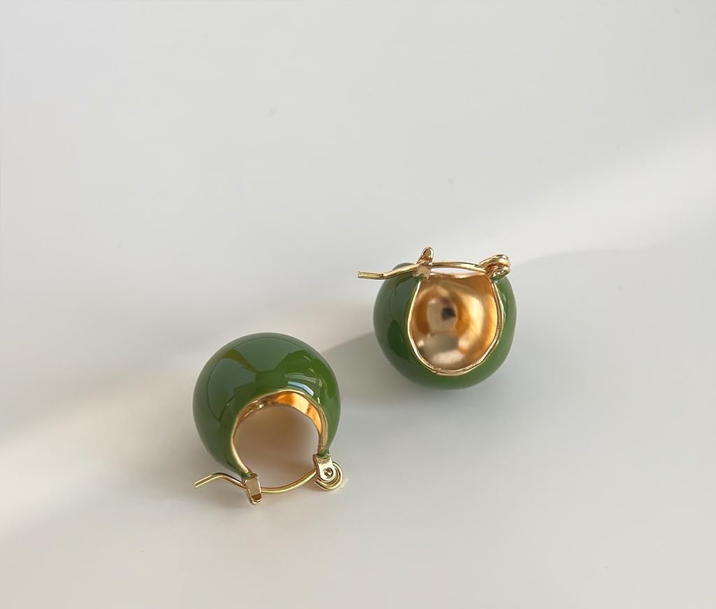 El Regalo Chunky 18K Gold Plated Enamel Hoop Earrings for Women & Girls | Elegant Bold Teardrop Huggie Hoops | Fancy Western Statement Jewellery | Glossy Curved Design for Casual Wear, Office & Party (Emerald Forest Green)