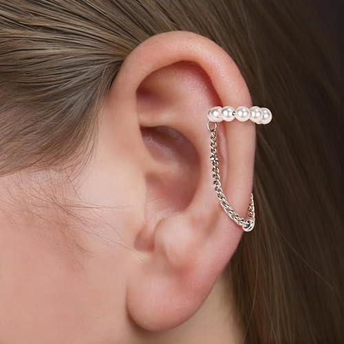 El Regalo Pearl Ear Cuffs Earrings for Girls/Women- Non Piercing Cartilage Cuff Wrap Clip on Earrings Pearl Tassel Chain Earrings (Silver)