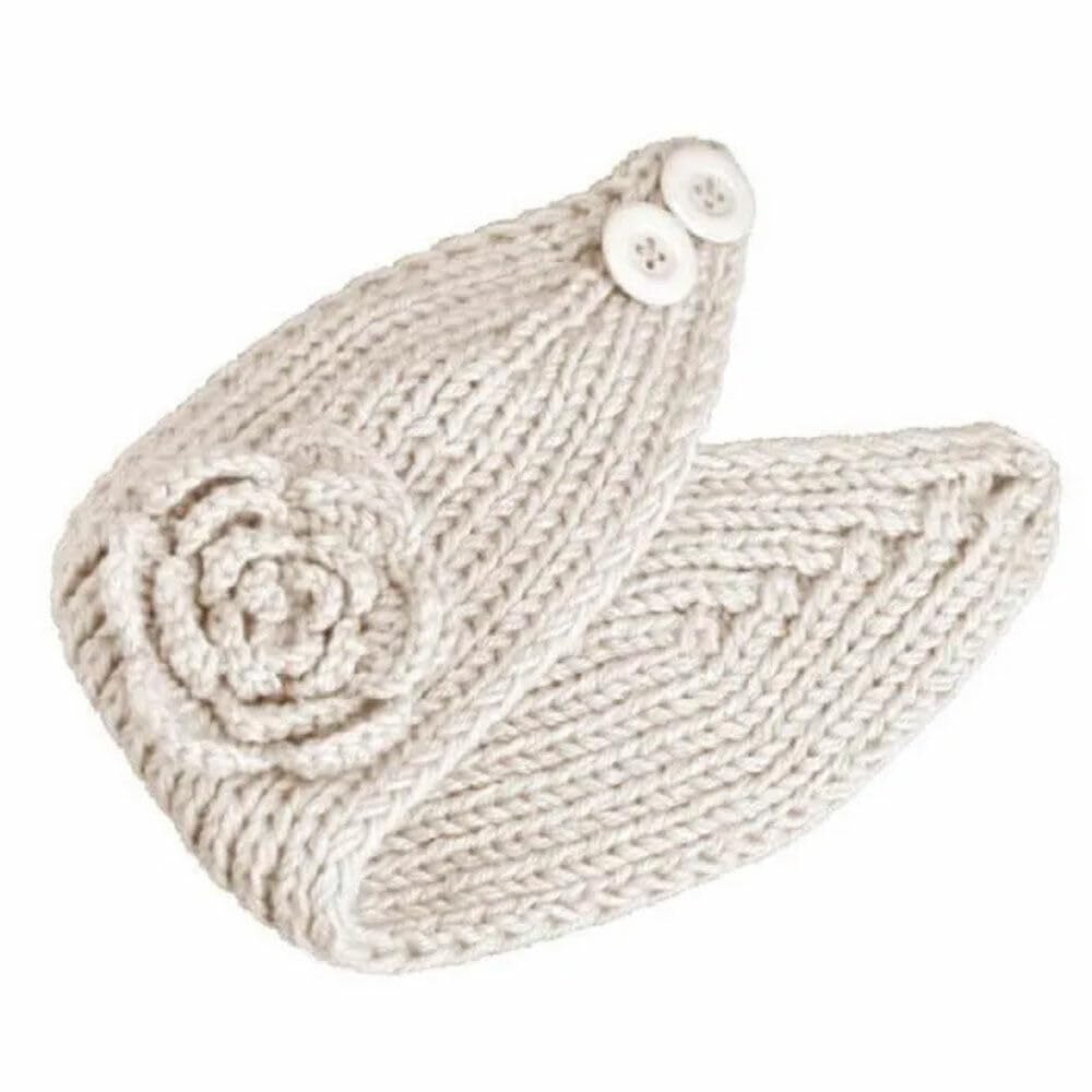 El Regalo's 1PC Winter Crochet Knitted Headwrap Headband with 3D flower & Button for Girls & Women- Ear Warmer Hair Muffs Band | Winter Designer Headbands for Teens & Women (White)
