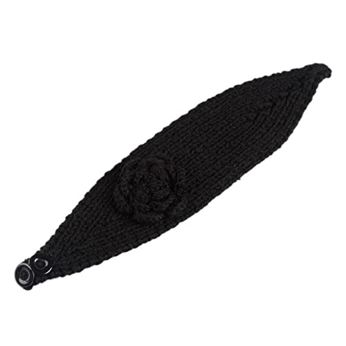 El Regalo 2 PCs Knitted Flower Warm Winter Woolen Headband with Buttons for Face Mask Cover | Cold Weather Hair Accessories Head Wrap | Winter Headbands for Girls & Women (Pack of 2) (Red & Black)